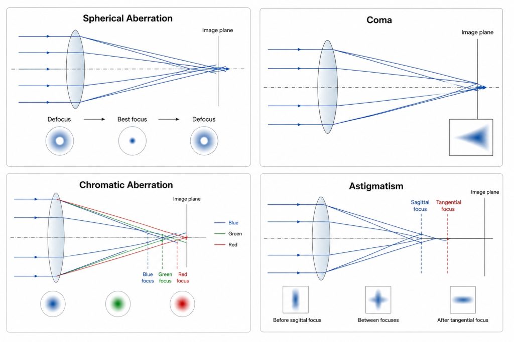 Spherical, Coma, Chromatic Aberration, Astigmatism